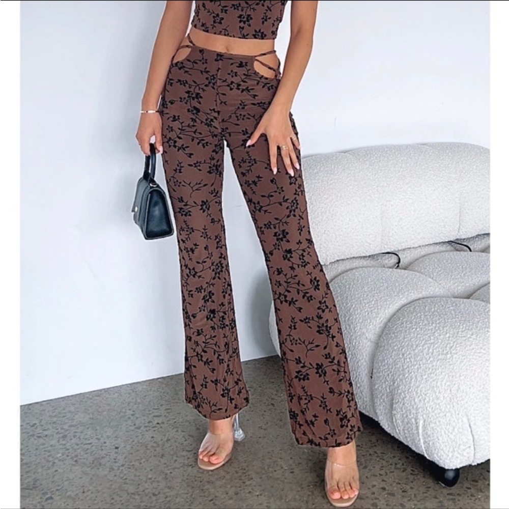 White Fox Boutique Brown Floral Boot Cut Pants - Picture 3 of 4
